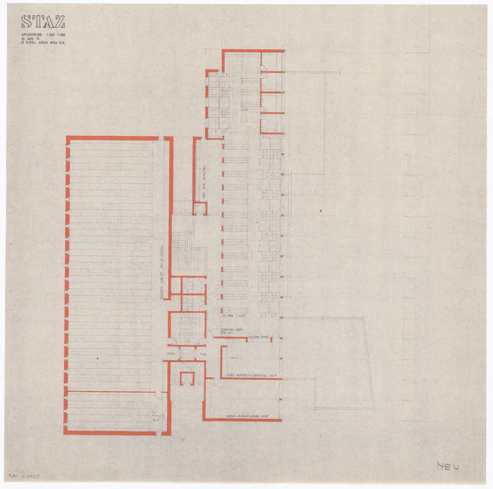 Staatsarchiv des Kantons Zürich, projektierter Neubau zwischen Zeltweg, Wettingerwies und Promenadengasse: Grundrisse und Schnitte: 1. Obergeschoss; Grundriss