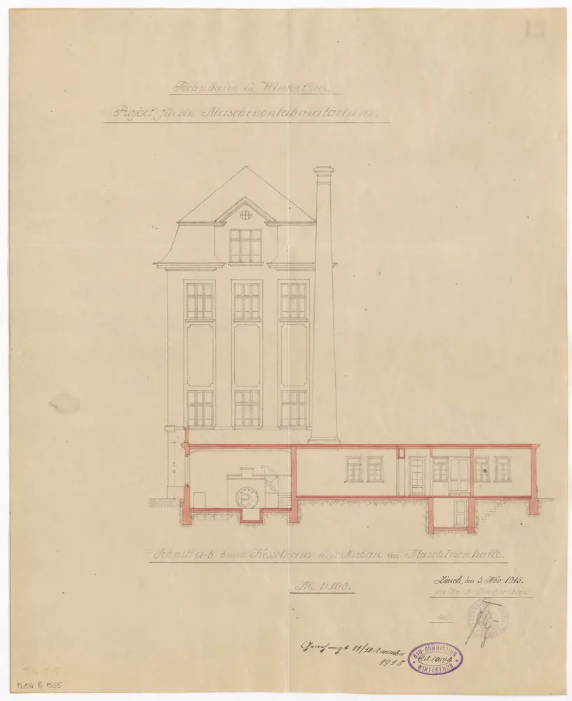 Winterthur: Technikum, projektiertes Maschinenlaboratorium, Kesselhaus und Anbau an die Maschinenhalle; Schnitt a-b