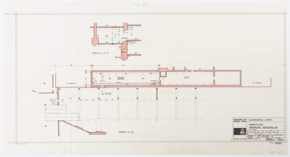 Kantonsspital Zürich (Dermatologische Klinik), Gloriastrasse 31: Röhrenkeller; Grundrisse und Schnitte: Absenkung des Röhrenkellers; Grundriss und Schnitt A-A