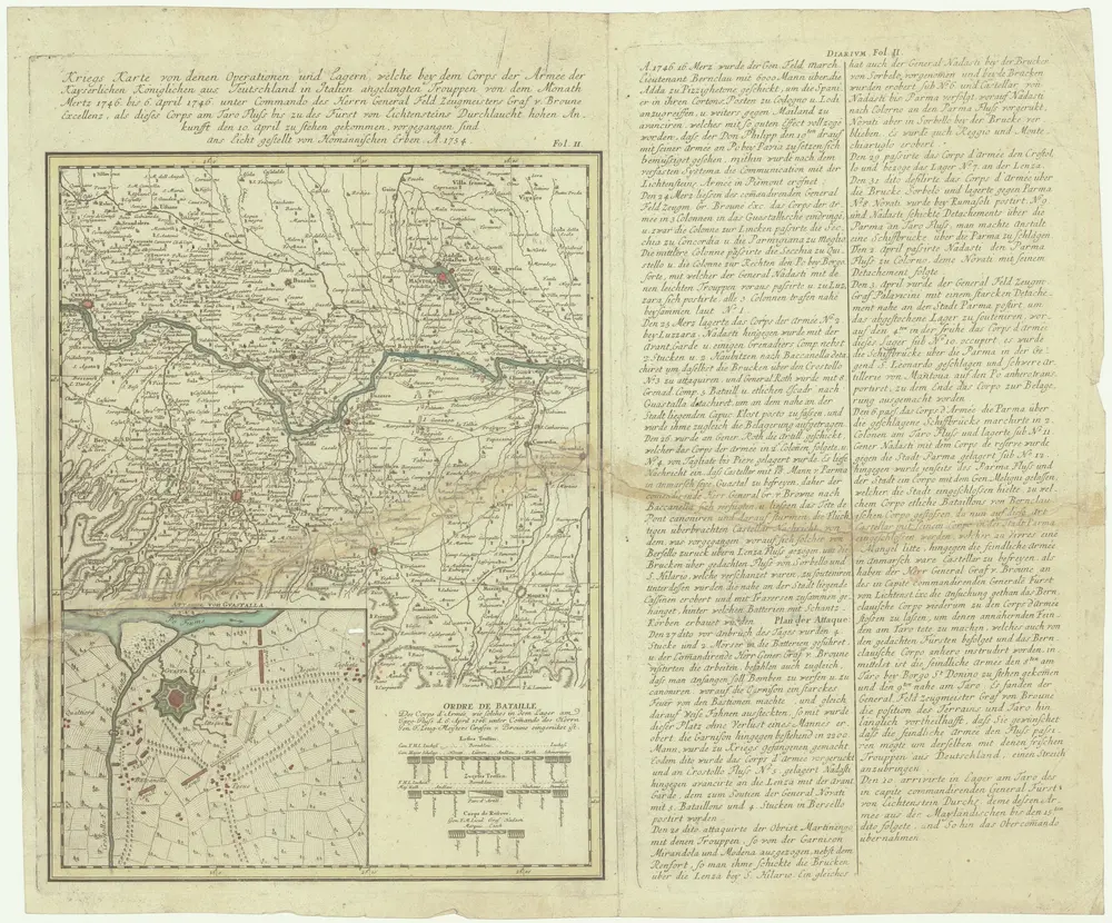 Kriegs Karte von denen Operationen und Lagern, welche bey dem Corps der Armée der Kayserlichen Königlichen aus Teutschland in Italien angelangten Trouppen von dem Monath Mertz 1746 bis 6 April 1746 unter Commando des Herrn General Feld Zeugmeisters Graf v. Bourne Excellenz, als dieses Corps am Taro Fluss bis zu des Fürst von Lichtensteins Durchlaucht hohen Ankunfft den 10 April zu stehen gekommen, vorgegangen sind ans Licht gestellt