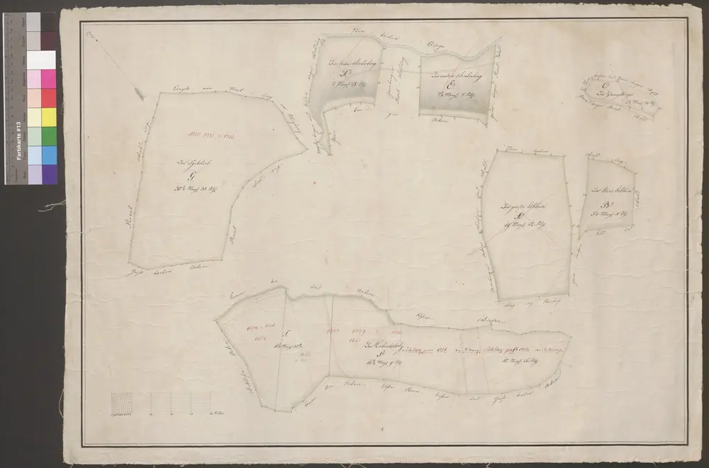 HZAN GA 100_Nr. 313_ : Oberhof (Kr. Öhringen); "Das Kubachholz";ohne Verfasser;40 Ruten = 9,4 cm;72 x 50,5 cm; Norden links oben;Papier auf Leinwand; Federzeichnung; Grenze farbig behandelt; Höhenschraffen.