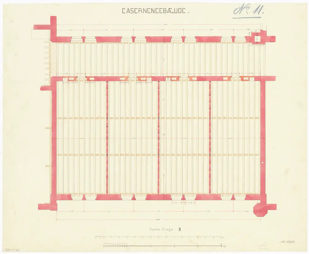 Projektierte Kaserne: Linker Zwischenflügel, 2. Stock; Grundriss