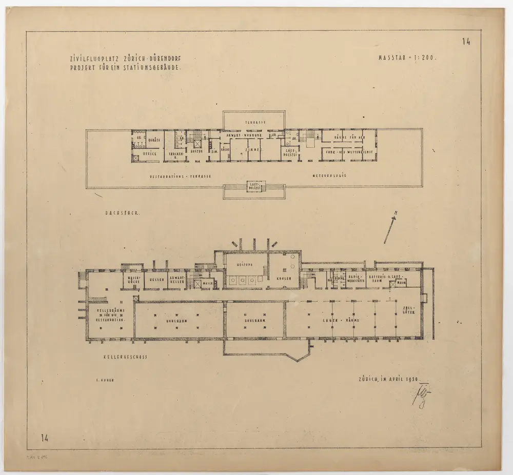 Dübendorf: Zivilflugplatz, projektiertes Stationsgebäude, Keller und Dachstock; Grundrisse