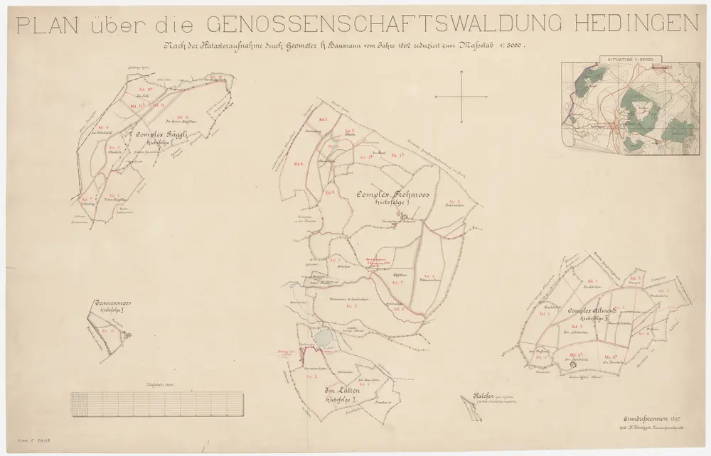 Hedingen: Gemeinde- und Genossenschaftswaldungen: Genossenschaftswaldungen Lättenhau, Räggli, Fromoos, Allmend, Tannenmoos, Chalofen; Grundrisse