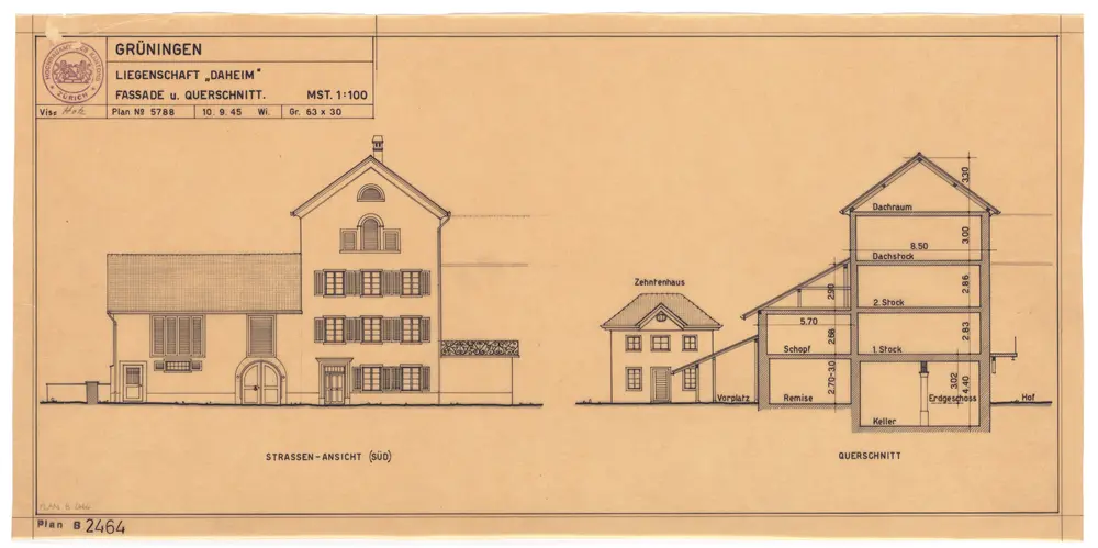 Grüningen: Liegenschaft Daheim, Südfassade und ganze Liegenschaft; Ansicht und Querschnitt