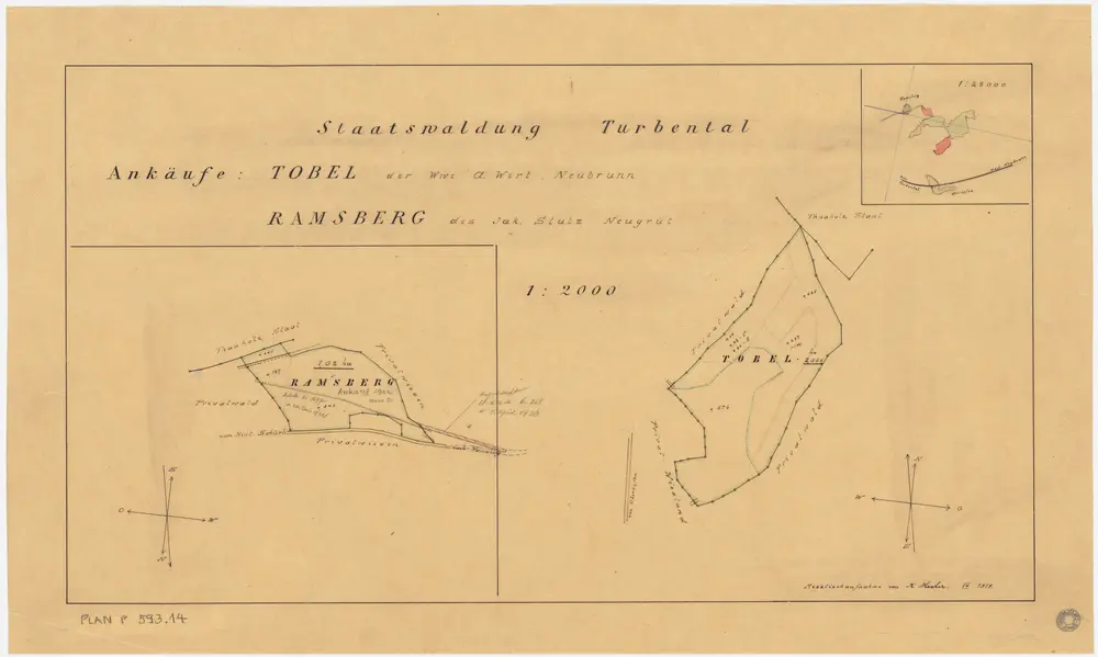 Turbenthal: Staats- und Privatwaldungen: Durch den Staat angekaufte Grundstücke in Tobel von Witwe Anna Wirt, in Neubrunn, und in Ramsberg von Jakob Stutz, in Neugrüt; Grundrisse