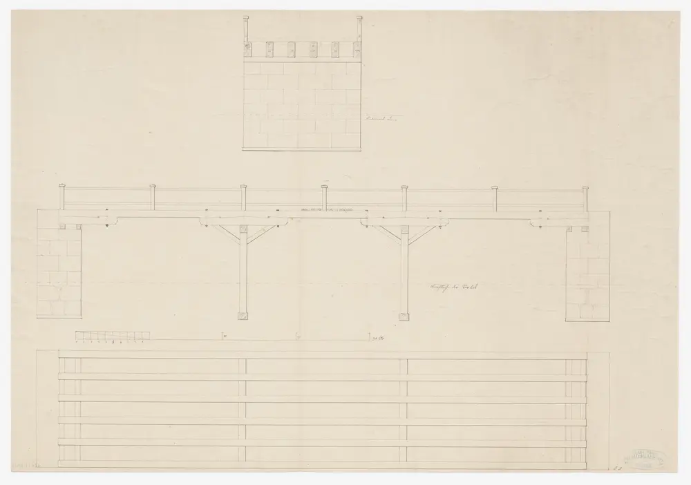 Fischenthal: Hölzerne Balkenbrücke über die Töss; Seitenansicht, Grundriss und Querschnitt
