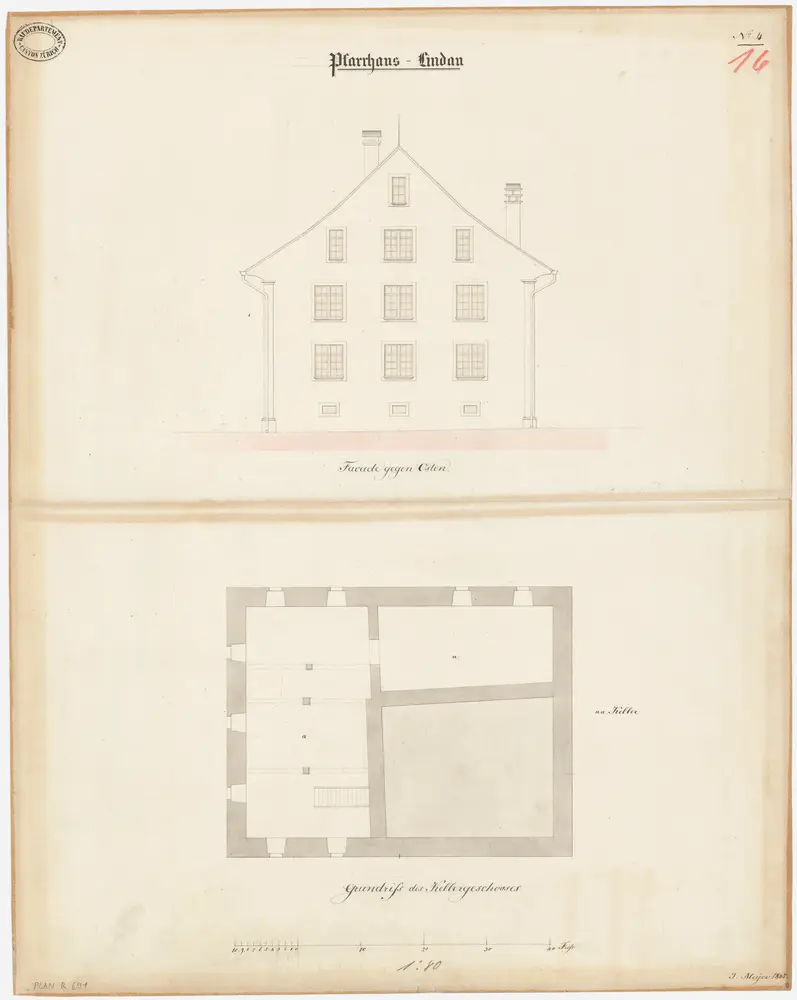 Lindau: Pfarrhaus; Ostansicht und Grundriss des Kellers (Nr. 16)