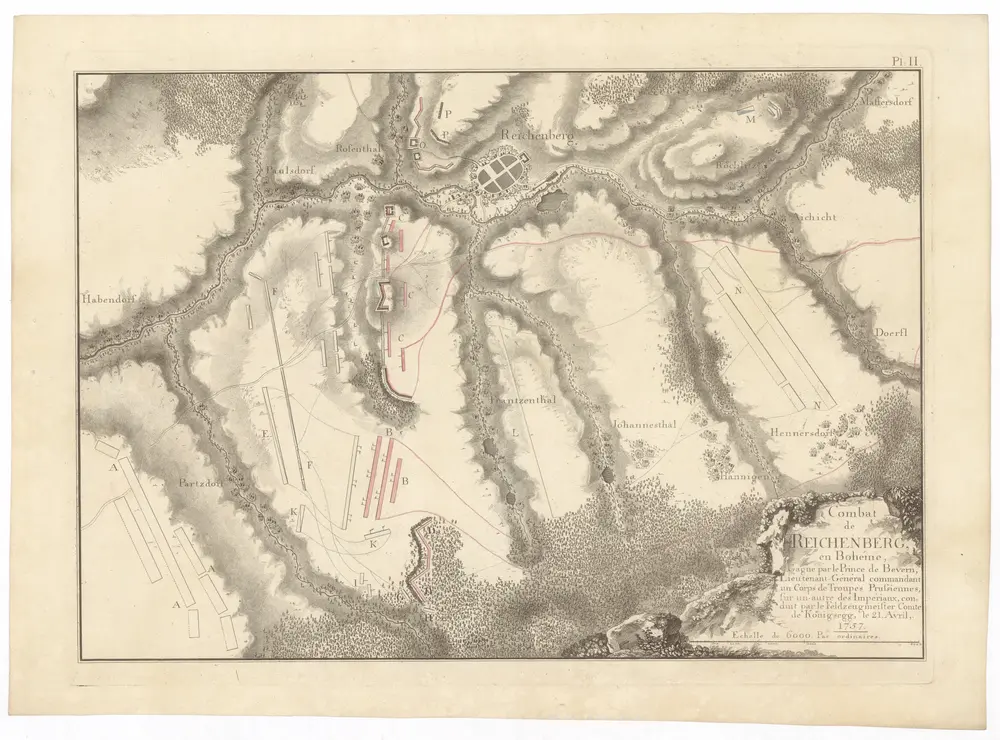 Combat de Reichenberg, en Bohéme, gagné par le prince de Bevern, Lieutenant-général commandant un corps de troupes Prussiennes, sur un autre des impériaux, conduit par le Feldzeugmeister comte de Koenigsegg, le 21. avril, 1757