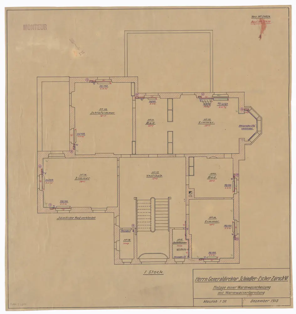 Schindlergut Zürich 6: Umbau für Generaldirektor Schindler-Escher; 1. Stock; Warmwasserheizungsanlage; Grundriss