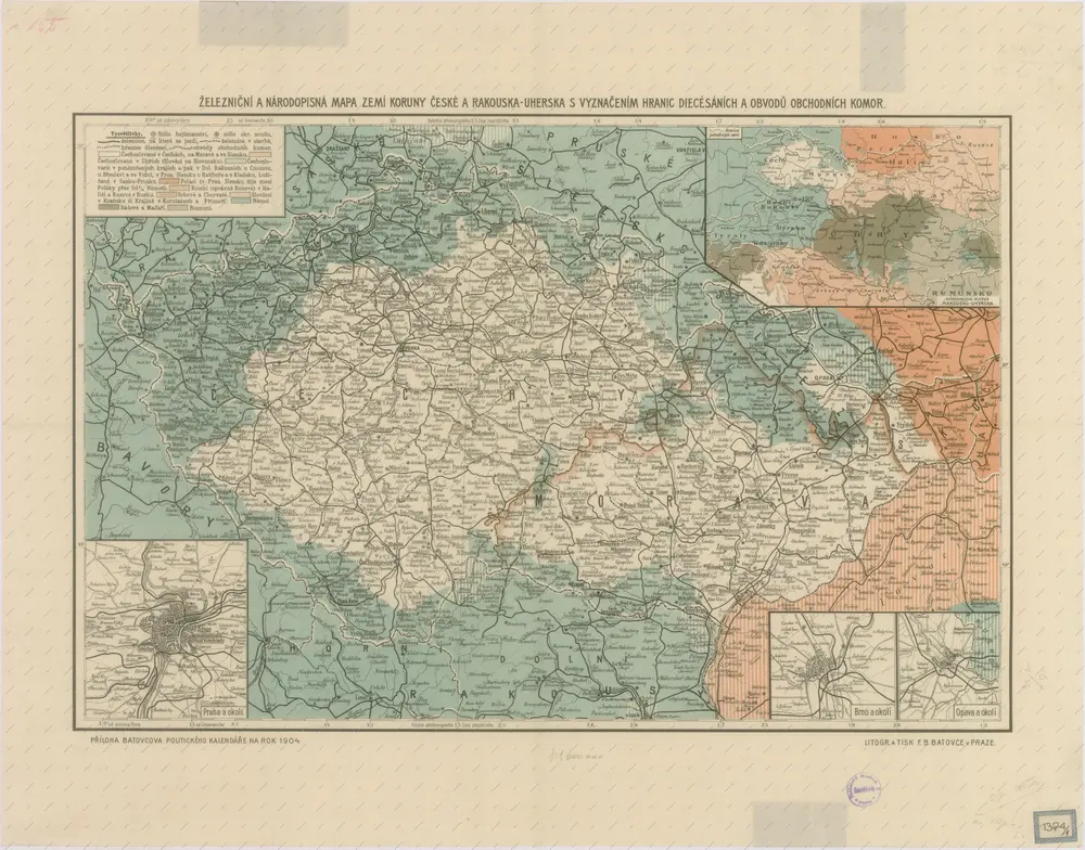 Železniční a národopisná mapka zemí koruny České a Rakouska-Uherska s vyznačením diecésáních hranic...