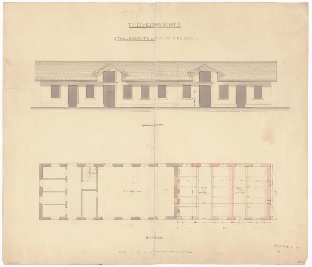 Tierarzneischule Selnaustrasse, Operationssaal mit Stallungen: Erweiterung; Längsansicht und Grundriss