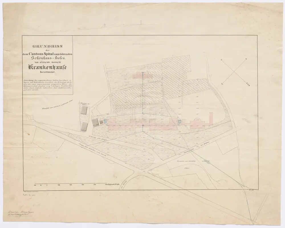 Fluntern: Zum Kantonsspital Zürich gehörender Schönhaus-Hof, mit projektiertem Krankenhaus; Grundriss