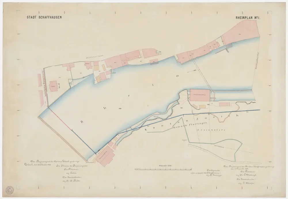 Feuerthalen, Flurlingen, Schaffhausen: Grenze zwischen den Kantonen Zürich und Schaffhausen beim Rhein zwischen Langwiesen und Flurlingen; Grundrisse: Blatt 1: Kantonsgrenze zwischen Schaffhausen (Mühlenstrasse) und Flurlingen; Grundriss