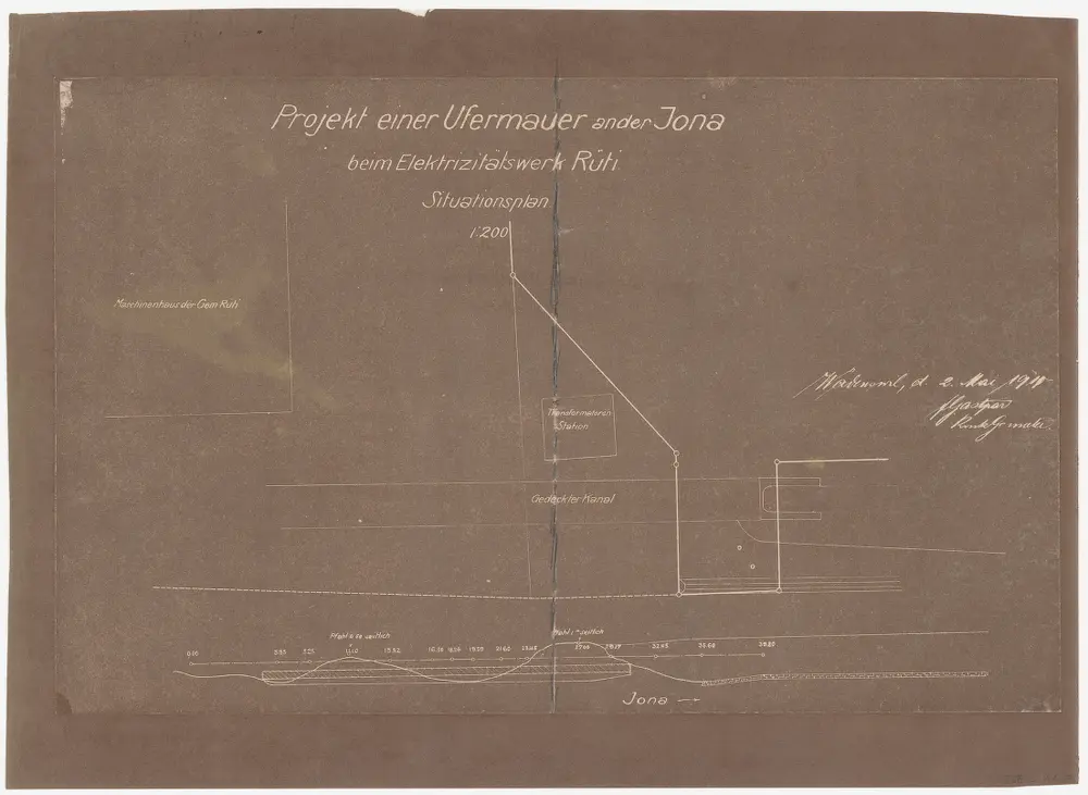 Rüti: Jona beim Elektrizitätswerk, projektierte Ufermauer; Situationsplan und Längsprofil