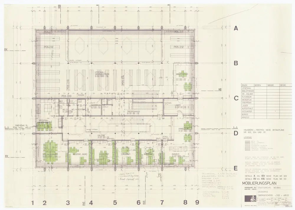 Staatsarchiv des Kantons Zürich im Irchelpark: Grundrisse mit Möblierung: 1. Stock; Grundriss