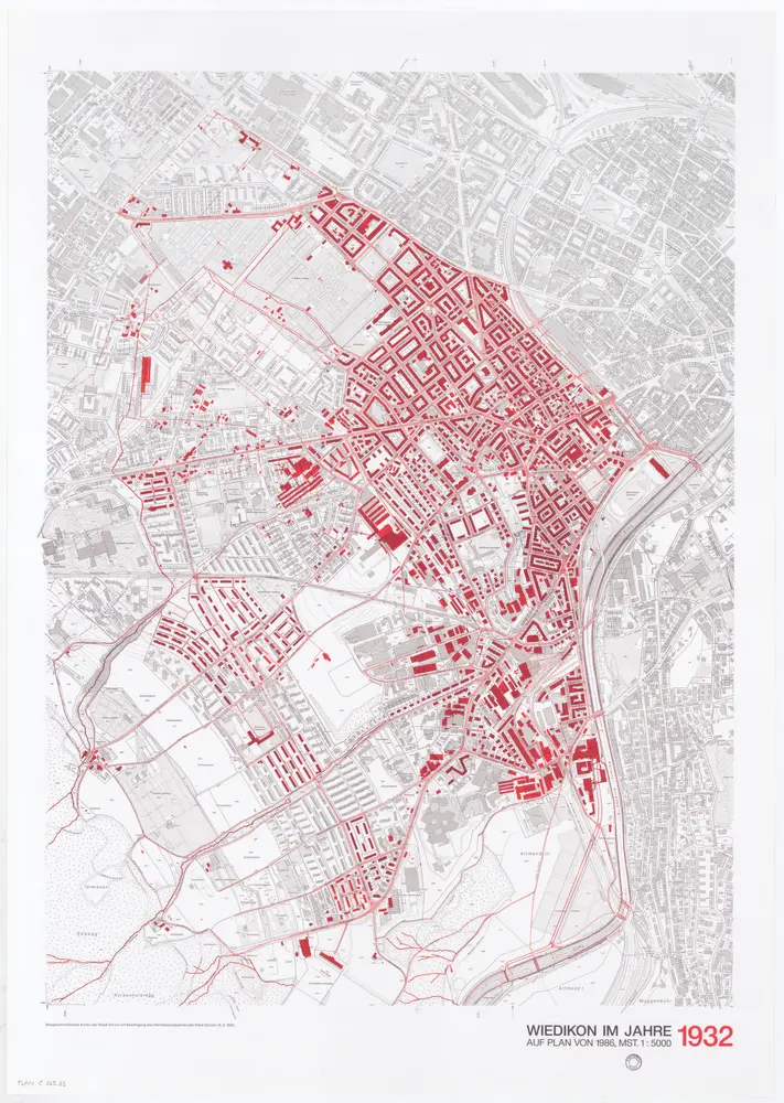 Historische Bauzustände der Zürcher Aussenquartiere in 48 Blättern: Wiedikon im Jahre 1932 auf einem Plan von 1986; Übersichtsplan