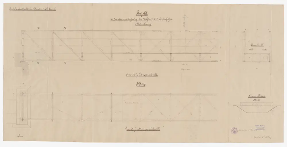 Rümlang: Projektierter eiserner Fusssteg über die Glatt bei Rohrhof; Seitenansicht, Grundriss und Schnitte