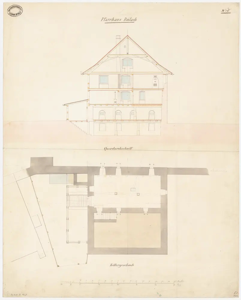 Bülach: Pfarrhaus; Querschnitt und Grundriss des Kellers (Nr. 5)