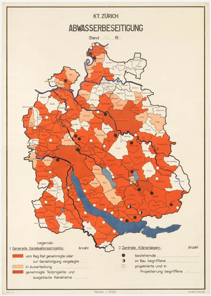 Kanton Zürich: Bestehende und projektierte Kanalisationen und Abwasserreinigungsanlagen, Zustand Mai 1950; Übersichtskarte