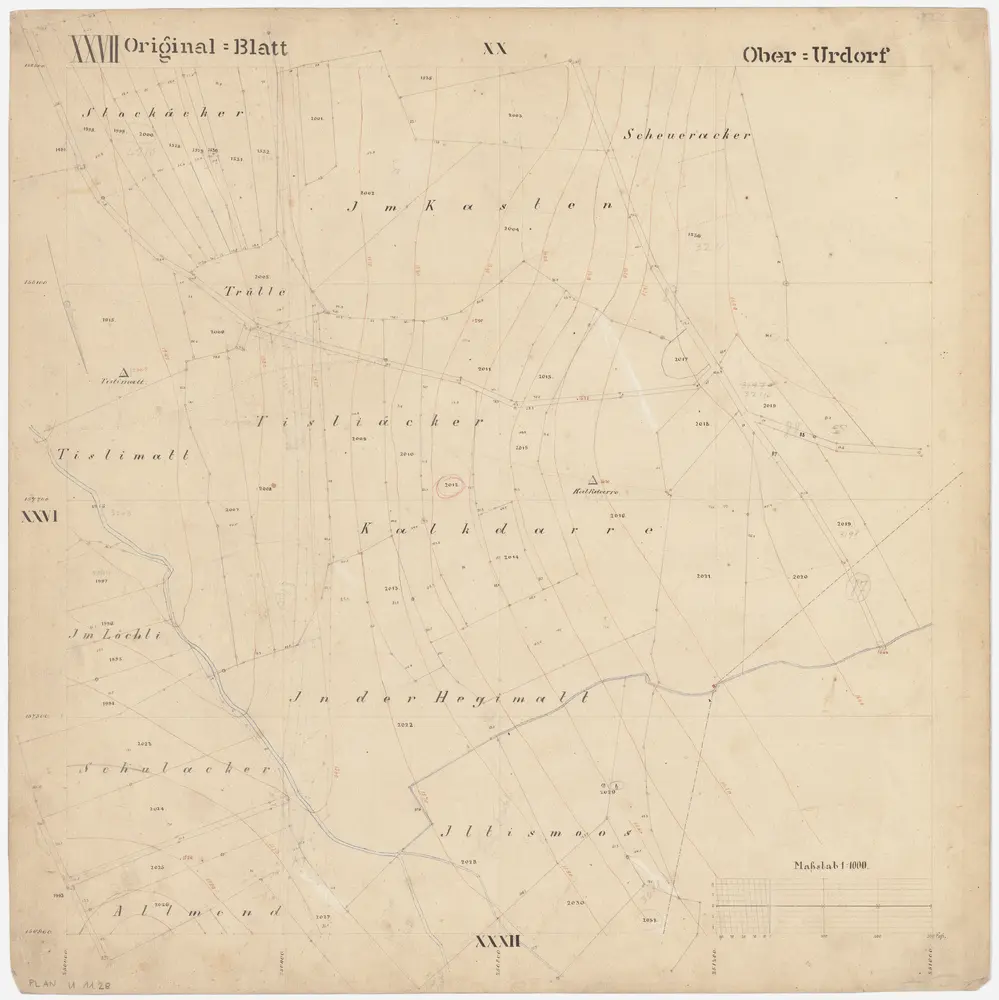 Oberurdorf: Gemeinde; Katasterpläne: Blatt XXVII: Stockächer, Schüracher (Scheueräcker), Im Kasten, Trülle, Tyslimatt (Tislimatt), Tisliacker, Chalchtarren (Kalkdarre), Im Löchli, In der Hegimatt, Schuelacher, Iltismoos und Allmend; Situationsplan