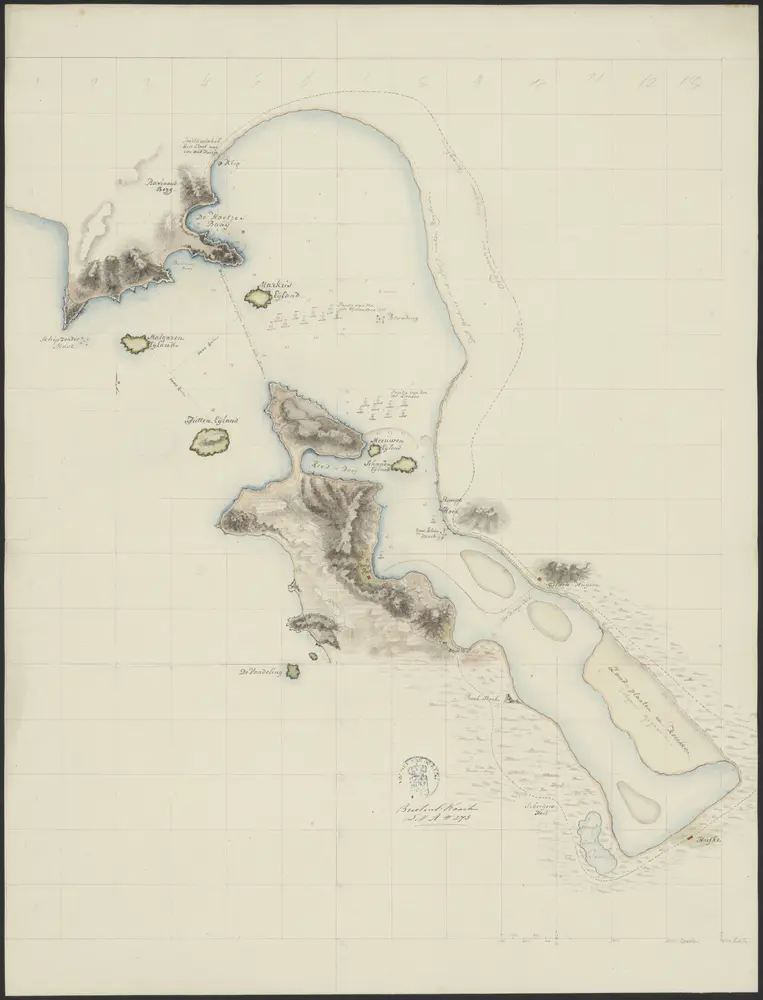 Plan van de Saldhanna Baay waarop gebracht is, de positie der Engelse &amp; Hollandse esquaders, wanneer den Admiraal Lucas, door den Engelse admiraal Elphinstone genomen werd, in 1796, concept. (A273).