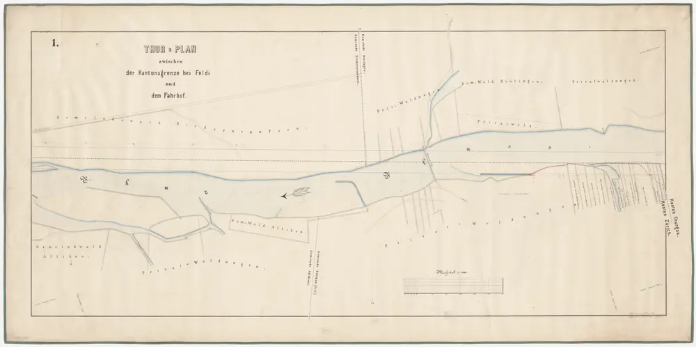 Uesslingen TG, Altikon, Niederneunforn TG: Thur bei der Grenze zwischen den Kantonen Thurgau und Zürich von Feldi (damals politische Gemeinde Ellikon an der Thur) bis Rüti, Thurkorrektion; Situationsplan (Thur-Gebiet Nr. 27 a, Blatt 1)