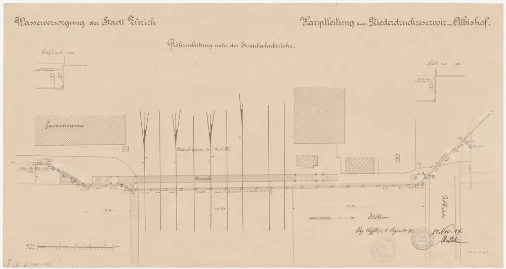 Zürich: Beim Hauptbahnhof, Röhrenleitung unter der Brücke der Nordost-Bahn NOB; Situationsplan