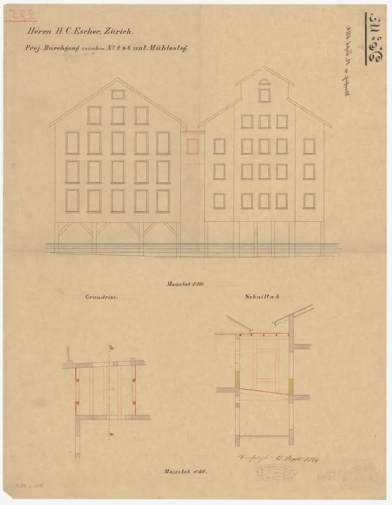 Zürich: Unterer Mühlesteg, Fabrik von H. C. Escher, projektierte Gebäudeverbindung; Ansicht, Grundriss und Schnitt