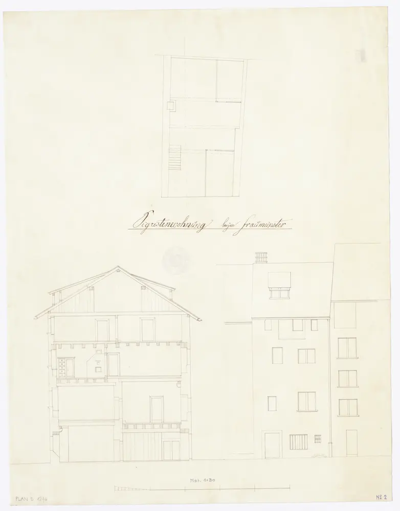 Sigristenwohnung beim Fraumünster, Badergasse: Ansicht, Grundriss und Schnitt (Nr. 2)