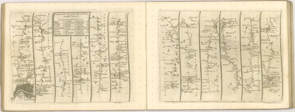 mapa z atlasu "The Roads through England delineated or, Ogilby ́s Survey, Revised, Improved, and Reduced to a Size portable for the Pocket By John Senex F, R, S. Being an Actual Survey of all the Principal Roads of England, And Wales, Distinctly laid down on one hundred "