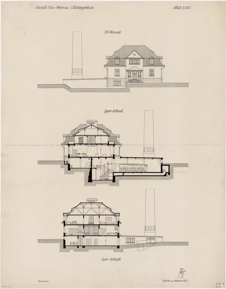 Pflegeanstalt Neu-Rheinau: Küchengebäude; Ostansicht und Querschnitte