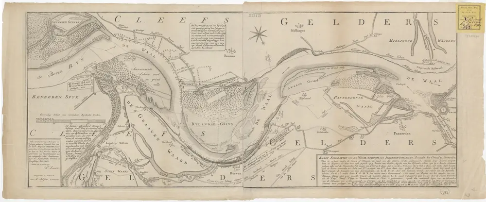Kaart figuratief van den Waal-stroom, van Schenken-schans tot beneeden het Canaal te Pannerden: waar in vertoont werden de oevers of schaaren die meest van den stroom werden geattaqueert; staande langs dezelve aangetekent de dieptens die daar voor zyn gep