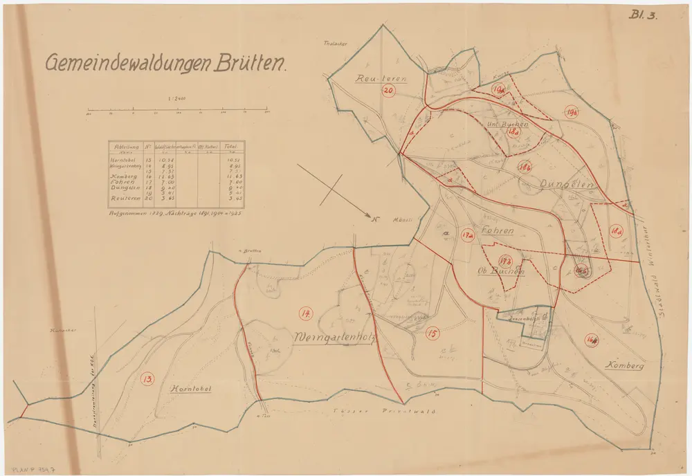 Brütten: Gemeinde- und Genossenschaftswaldungen: Gemeindewaldungen Horntobel, Wingertenholz (Weingarten-Holz), Chomberg (Komberg), Buechen, Foren (Fohren), Tüngelen (Düngelen), Rüteren (Reuteren); Grundrisse (Blatt 3)