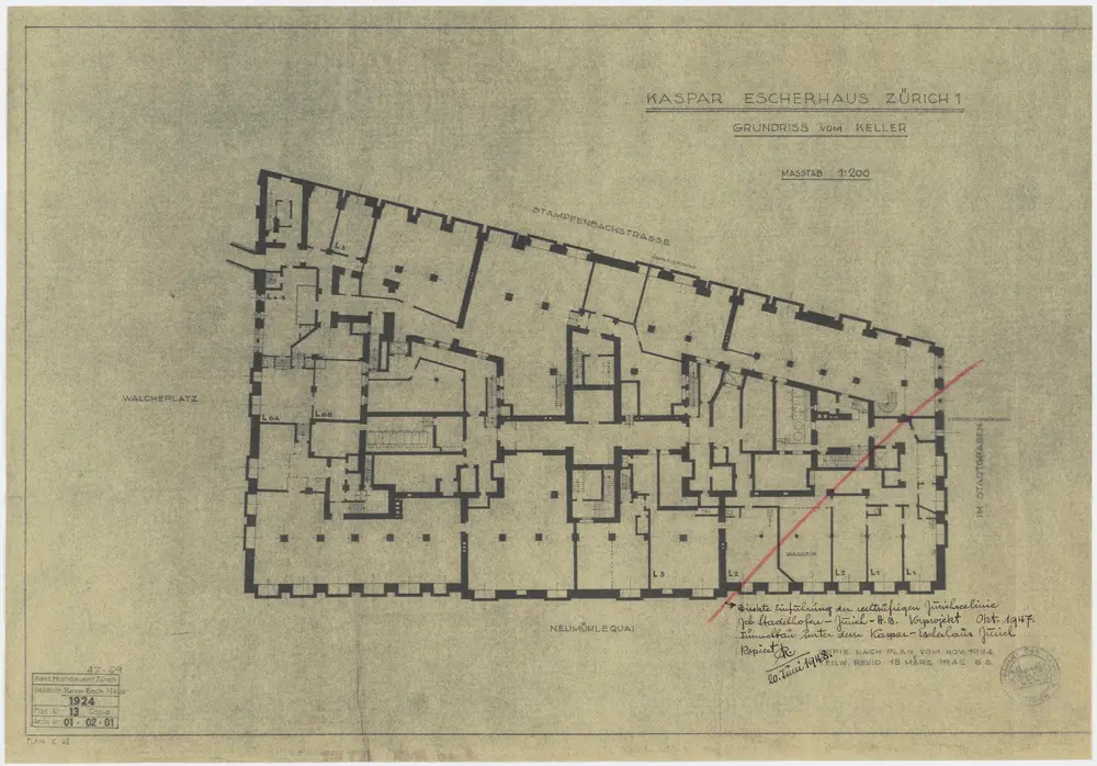 Direkte Einführung der rechtsufrigen Zürichseebahnstrecke von Stadelhofen zum Hauptbahnhof Zürich, Tunnelbau unter dem Kaspar-Escher-Haus; Grundriss