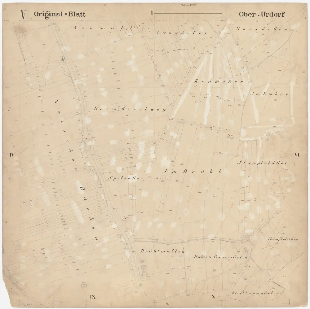 Oberurdorf: Gemeinde; Katasterpläne: Blatt V: Zwischenbächlen (Zwischenbächen), Neumatt, Langacker, Moosacker, Krummacker, Beim Kirchweg, Im Embri, Spitzacker, Im Brühl, Stampfelacker, Brüelmatten (Brühlmatten), Hubers Baumgarten und Kirchbaumgarten; Situationsplan