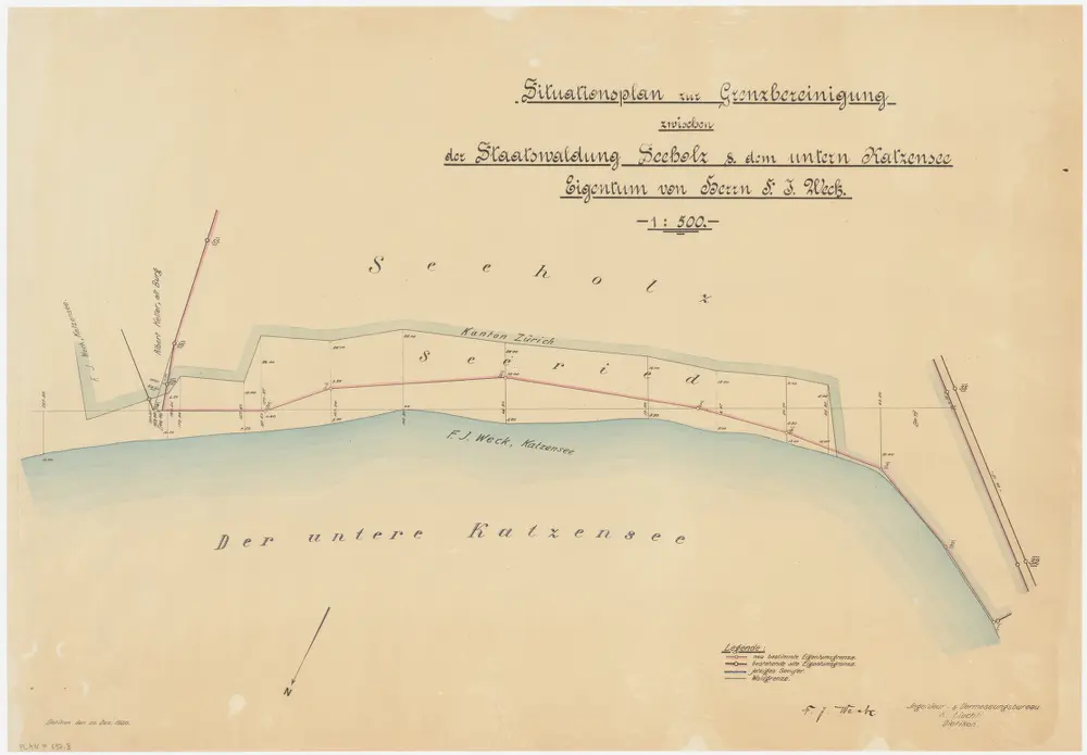 Affoltern bei Zürich: Staatswaldung Affoltern: Grenzbereinigung zwischen der Staatswaldung Seeholz und dem Eigentum von Herrn F. J. Weck am Unteren Chatzensee (Katzensee); Grundriss