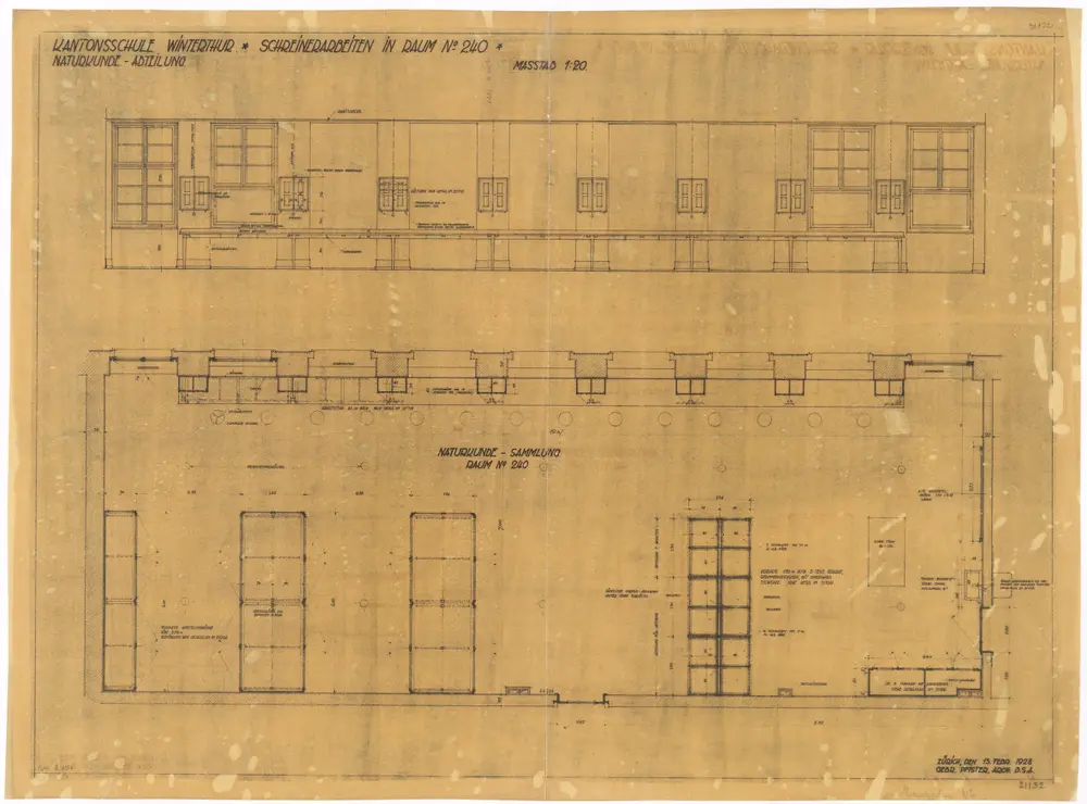 Winterthur: Alte Kantonsschule, Abteilung Naturkunde, Raum Nr. 240, Schreinerarbeiten; Ansicht und Grundriss