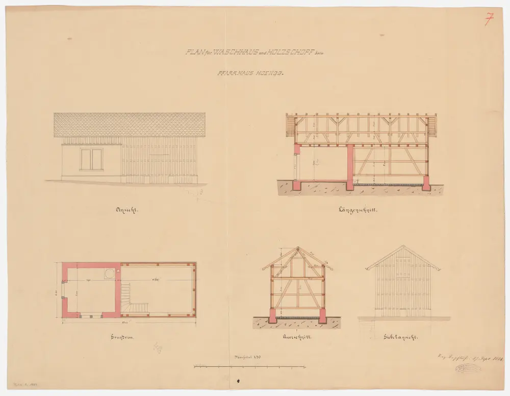 Höngg: Wasch- und Holzhaus; Grundriss, Ansichten, Längs- und Querschnitt (Nr. 7)