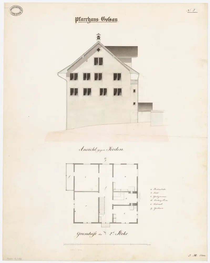 Gossau: Pfarrhaus; Südansicht und Grundriss des 2. Stocks (Nr. 5)