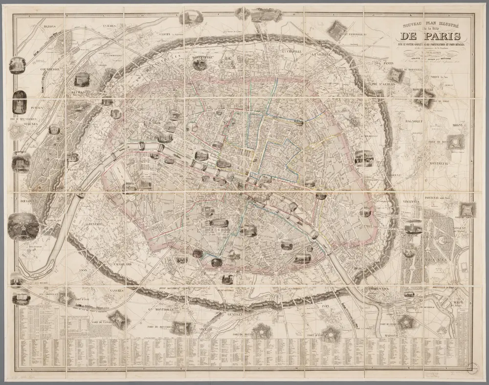 Nouveau plan illustré de la ville de Paris : avec le système complet de ses fortifications et forts détachés, et des communes de la banlieue / dressé par A. Vuillemin ; gravé sur acier par Bénard