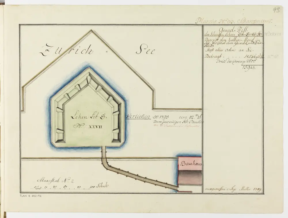 Zürich: Dem Spital Zürich gehörende Lehen in den Fortifikationswerken; Ansichten, Grundrisse und Schnitte: Schanzenlehen Nr. 27 Kleine Stadt, beim Halben-Mond zwischen Grendel und Bauhaus (Bauschänzli); Grundriss