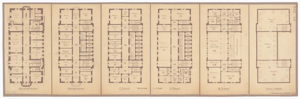 Polizeikaserne und kantonales Kriegskommissariat: Keller bis Dachstock; Grundrisse