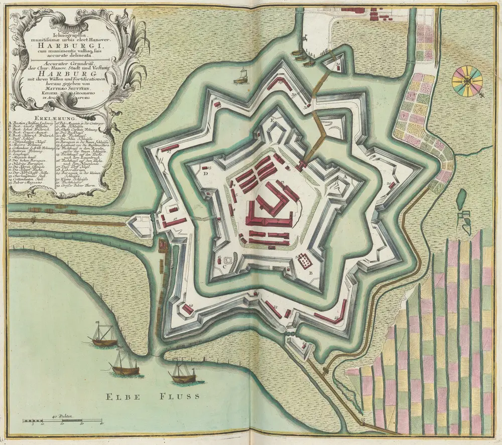 Ichnographia munitissimae urbis elect. Hanover. Harburgi, cum munimentis vattisque suis accurate delineata.[=] Accurater Grundriß, der Chur. Hanov. Stadt und Vestung Harburg [...] [Karte], in: [Atlas factice], S. 356.