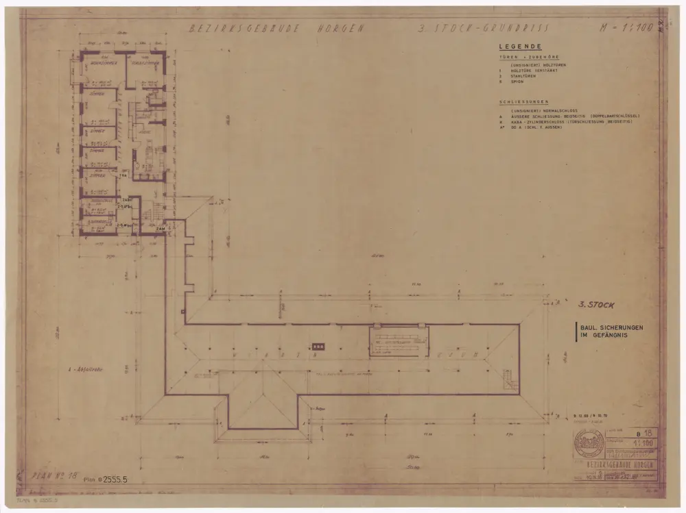 Horgen: Bezirksgebäude, bauliche Sicherungen im Gefängnis: 3. Stock; Grundriss