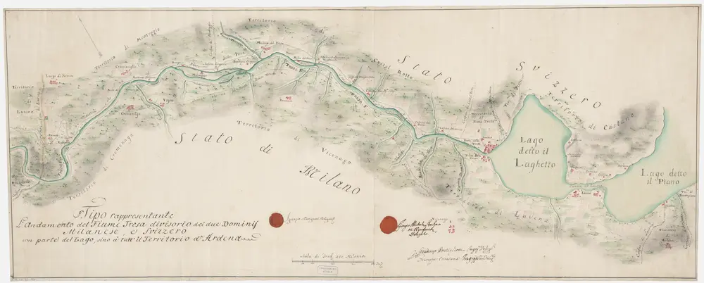 Strittige Grenze zwischen der Schweiz und dem Herzogtum Mailand bei Monteggio, Castel Rotto, Caslano, Cremenaga, Viconago und Lavena; Grundriss