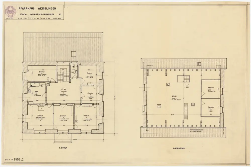 Weisslingen: Pfarrhaus: 1. Stock und Dachgeschoss; Grundrisse