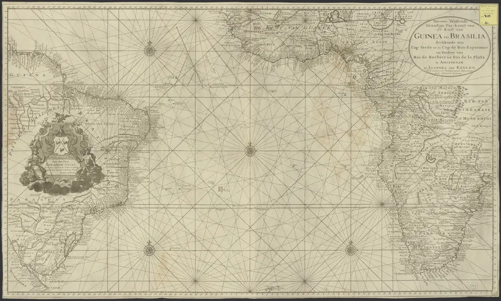 Nieuwe wassende graadige pas-kaart van de kust van Guinea en Brasilia strekkende van Cap Verde tot de Câp de Bon Esperance en verders van Rio de Berbice tot Rio de la Plata.