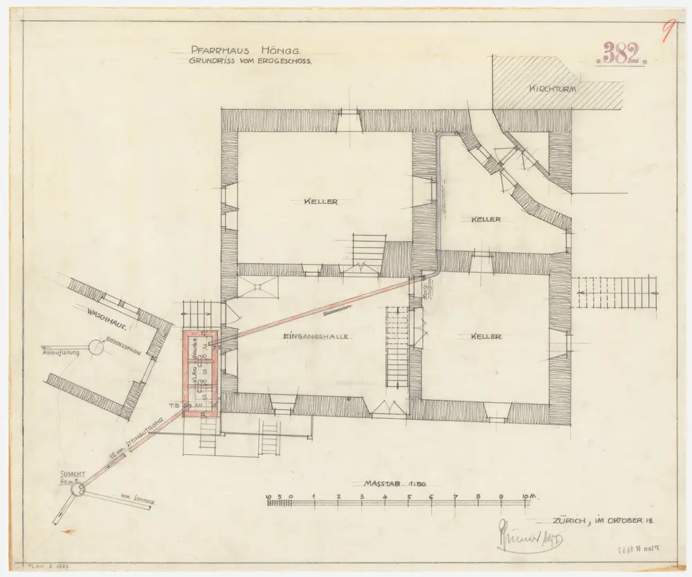 Höngg: Pfarrhaus, Erdgeschoss mit Abwasserleitung und Klärgrube; Grundriss (Nr. 9)