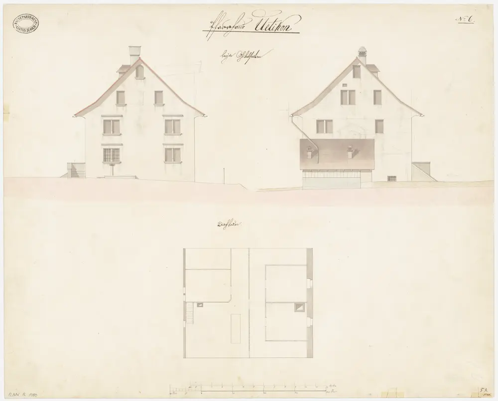 Uetikon am See: Pfarrhaus; Grundriss des Dachgeschosses, Ost- und Westansichten (Nr. 6)